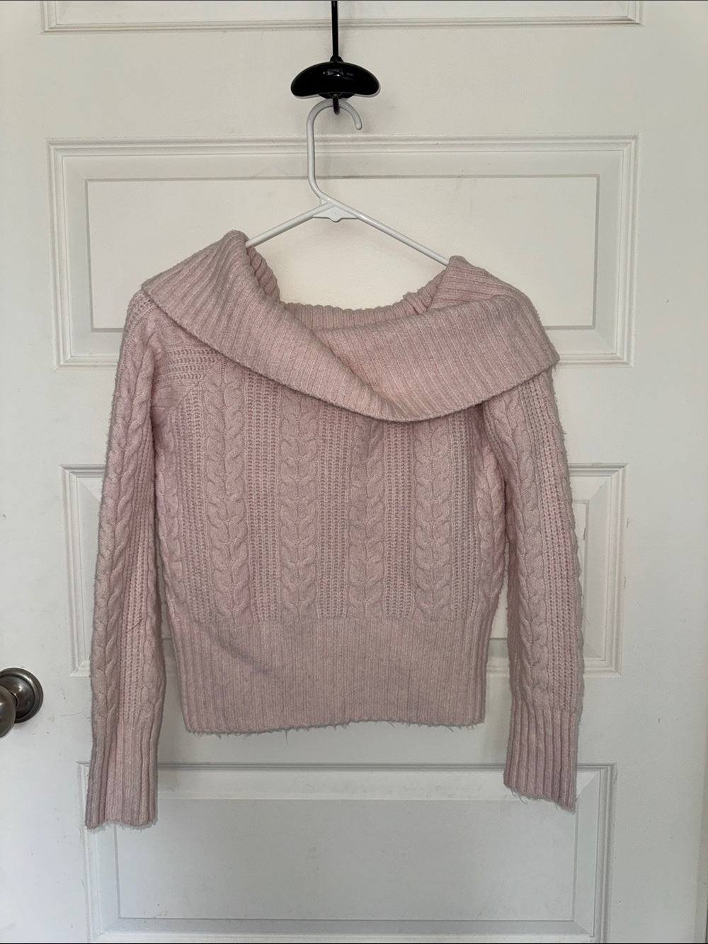 Light Pink Off-the-Shoulder Cable Knit Sweater
